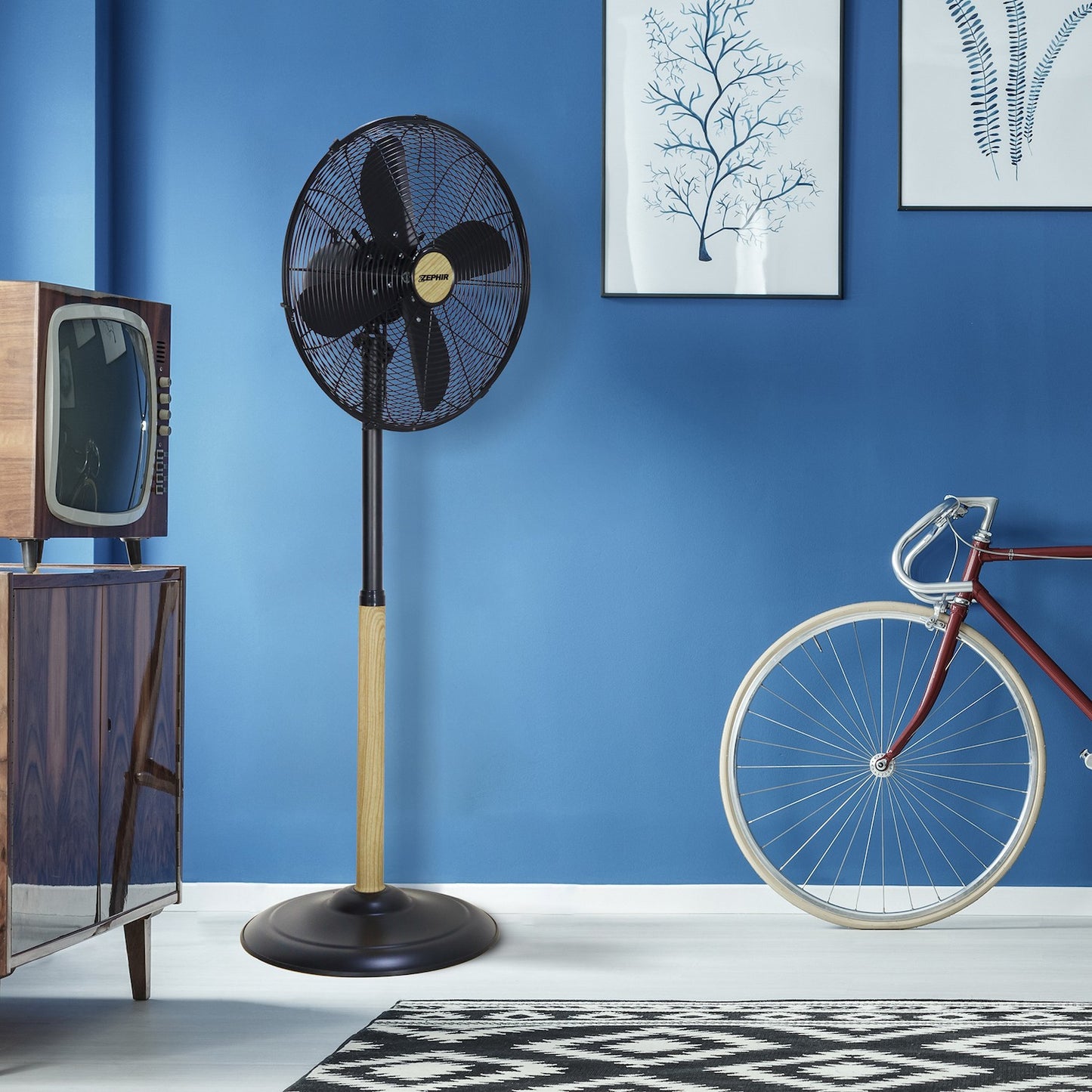 Black Metal Wood Effect Pedestal Fan 50W
