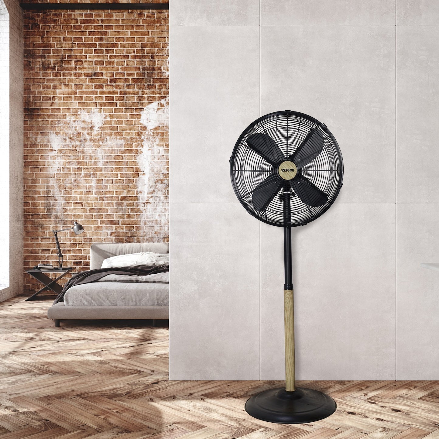 Black Metal Wood Effect Pedestal Fan 50W